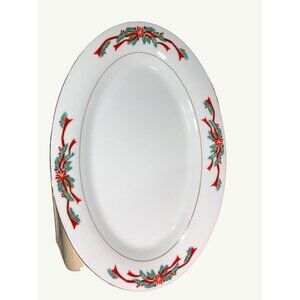 Fair Field Fine China Oval Platter Wit Festive Red & Green Holiday Design Vintag